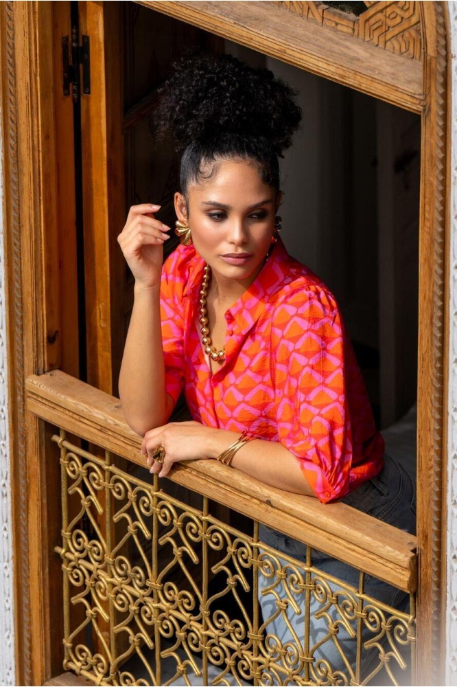 RETRO BLOUSE MET DRIEKWART MOUWEN 53243 20 CORAL/PINK